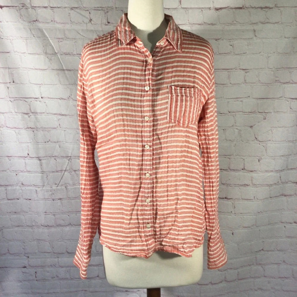 STYLUS Salmon and White Striped Button Down Long Sleeve Top - Size Medium - Picture 1 of 8